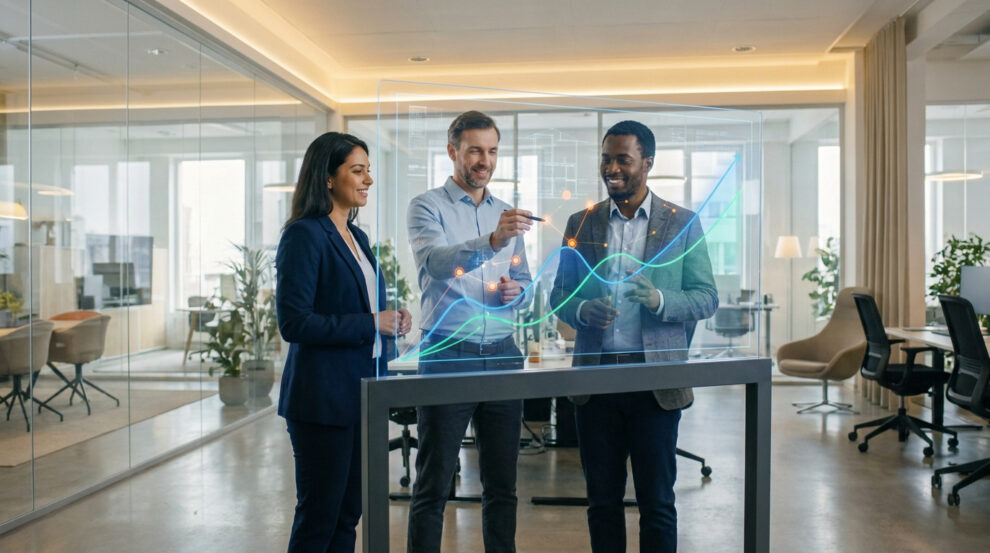 Une équipe de professionnels analyse des graphiques de performance sur un écran en verre interactif dans un bureau moderne.