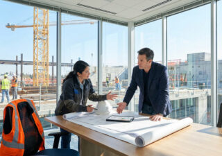 Une femme et un homme discutent de plans sur une table de bureau, avec un chantier en arrière-plan.