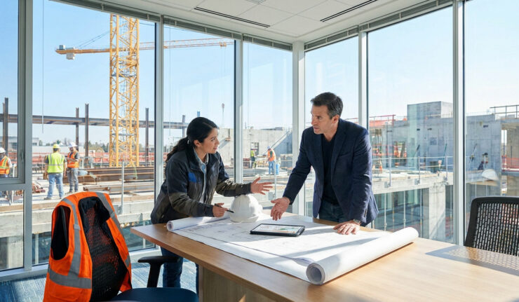 Une femme et un homme discutent de plans sur une table de bureau, avec un chantier en arrière-plan.