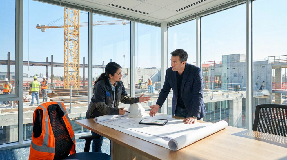 Une femme et un homme discutent de plans sur une table de bureau, avec un chantier en arrière-plan.