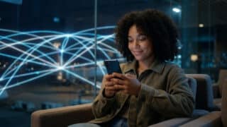 Une jeune femme aux cheveux bouclés souriant devant son smartphone avec un réseau numérique en arrière-plan.