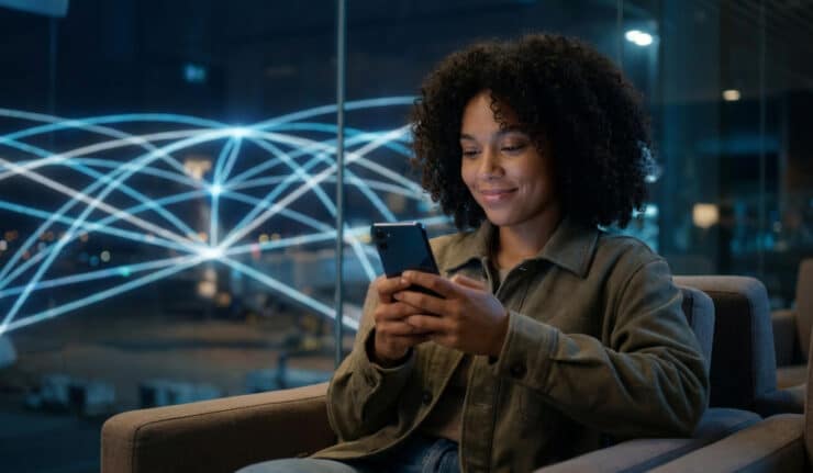 Une jeune femme aux cheveux bouclés souriant devant son smartphone avec un réseau numérique en arrière-plan.