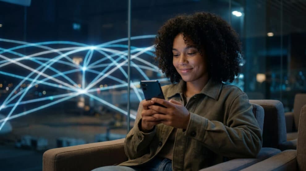Une jeune femme aux cheveux bouclés souriant devant son smartphone avec un réseau numérique en arrière-plan.