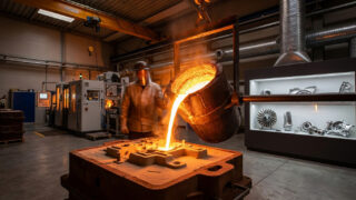 Un fondeur verse du métal en fusion dans un moule industriel dans un atelier moderne.