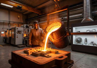 Un fondeur verse du métal en fusion dans un moule industriel dans un atelier moderne.