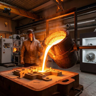 Un fondeur verse du métal en fusion dans un moule industriel dans un atelier moderne.