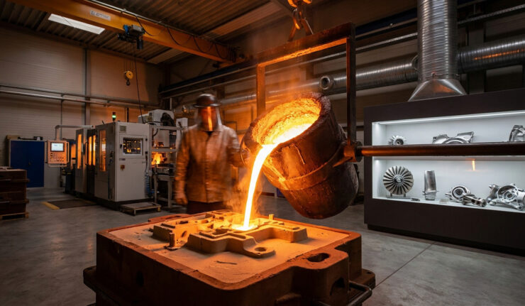 Un fondeur verse du métal en fusion dans un moule industriel dans un atelier moderne.