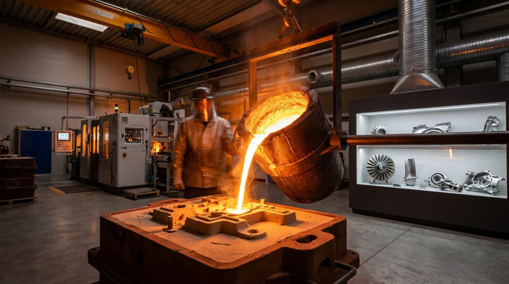 Un fondeur verse du métal en fusion dans un moule industriel dans un atelier moderne.