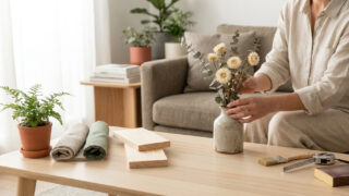 Une personne ajuste un vase de fleurs séchées sur une table basse en bois dans un salon lumineux.