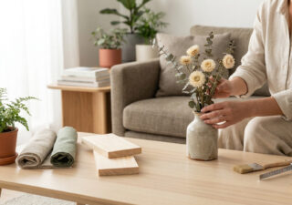 Une personne ajuste un vase de fleurs séchées sur une table basse en bois dans un salon lumineux.