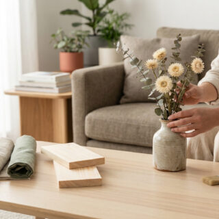 Une personne ajuste un vase de fleurs séchées sur une table basse en bois dans un salon lumineux.