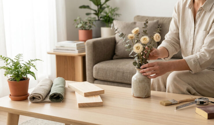 Une personne ajuste un vase de fleurs séchées sur une table basse en bois dans un salon lumineux.