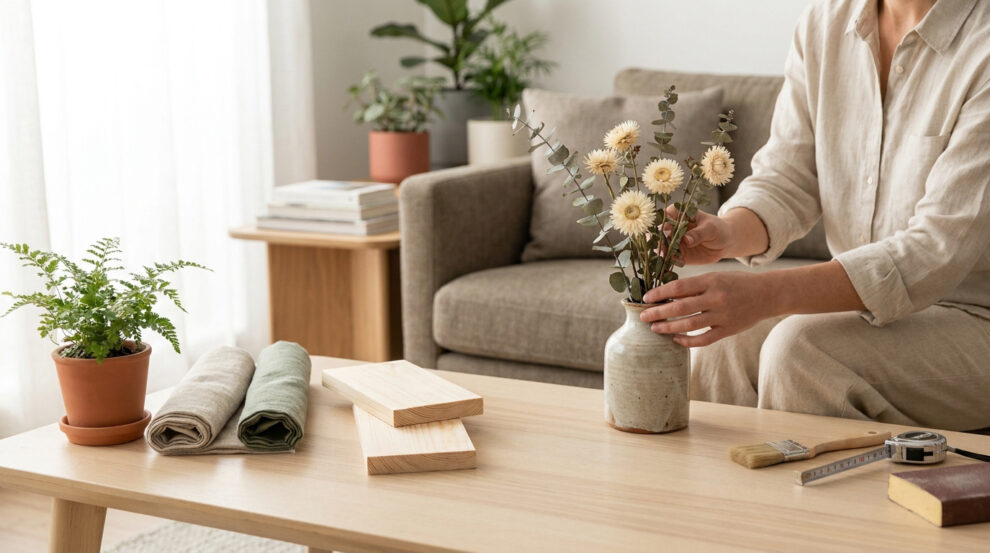 Une personne ajuste un vase de fleurs séchées sur une table basse en bois dans un salon lumineux.