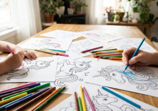 Un enfant et un adulte colorient ensemble des dessins de licornes sur une table en bois avec des crayons de couleur.