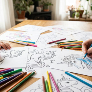Un enfant et un adulte colorient ensemble des dessins de licornes sur une table en bois avec des crayons de couleur.
