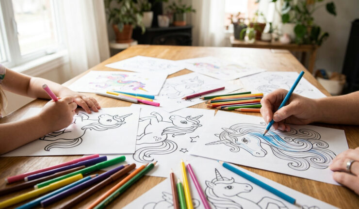 Un enfant et un adulte colorient ensemble des dessins de licornes sur une table en bois avec des crayons de couleur.