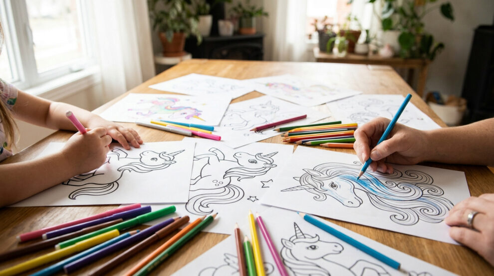 Un enfant et un adulte colorient ensemble des dessins de licornes sur une table en bois avec des crayons de couleur.