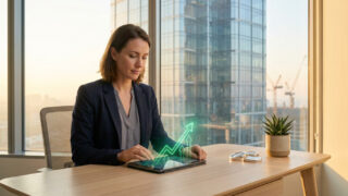 Une femme d'affaires utilisant une tablette affichant un graphique de croissance verte dans un bureau avec vue urbaine.