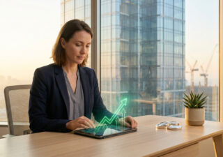 Une femme d'affaires utilisant une tablette affichant un graphique de croissance verte dans un bureau avec vue urbaine.