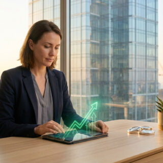 Une femme d'affaires utilisant une tablette affichant un graphique de croissance verte dans un bureau avec vue urbaine.