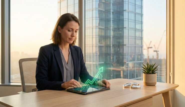 Une femme d'affaires utilisant une tablette affichant un graphique de croissance verte dans un bureau avec vue urbaine.