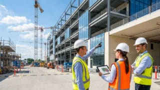 Trois professionnels du bâtiment en casque et gilet de sécurité examinent un plan sur une tablette devant un chantier.