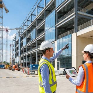 Trois professionnels du bâtiment en casque et gilet de sécurité examinent un plan sur une tablette devant un chantier.