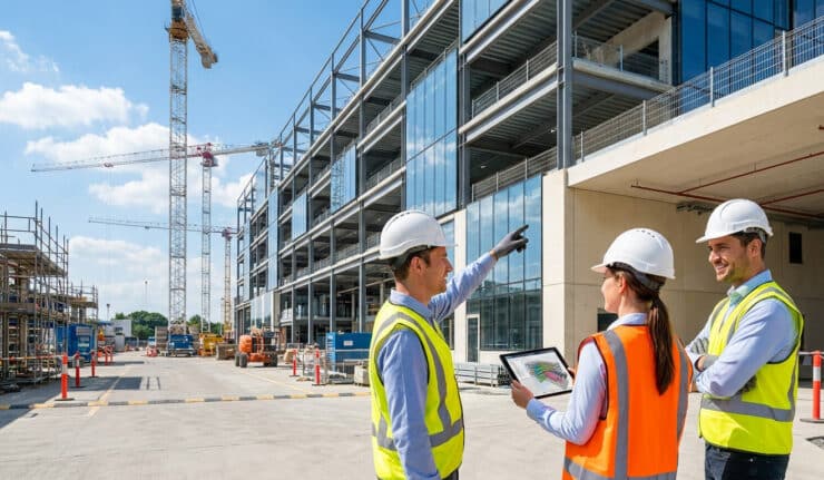 Trois professionnels du bâtiment en casque et gilet de sécurité examinent un plan sur une tablette devant un chantier.