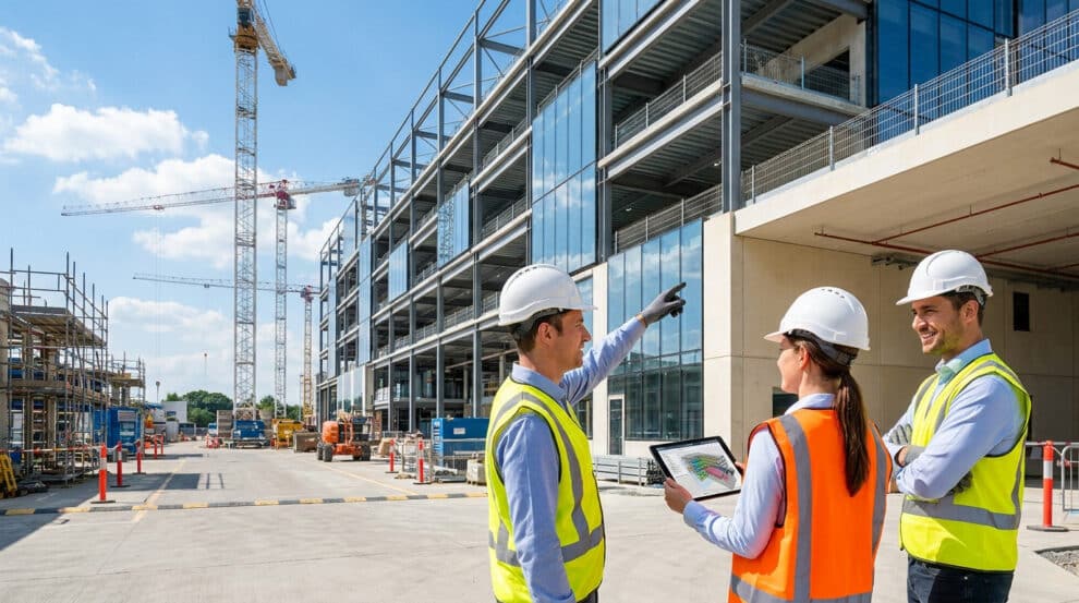 Trois professionnels du bâtiment en casque et gilet de sécurité examinent un plan sur une tablette devant un chantier.