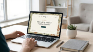 Une personne utilisant un ordinateur portable affichant une page web de blog avec un design floral minimaliste.