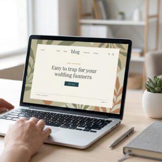 Une personne utilisant un ordinateur portable affichant une page web de blog avec un design floral minimaliste.