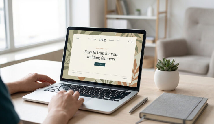 Une personne utilisant un ordinateur portable affichant une page web de blog avec un design floral minimaliste.