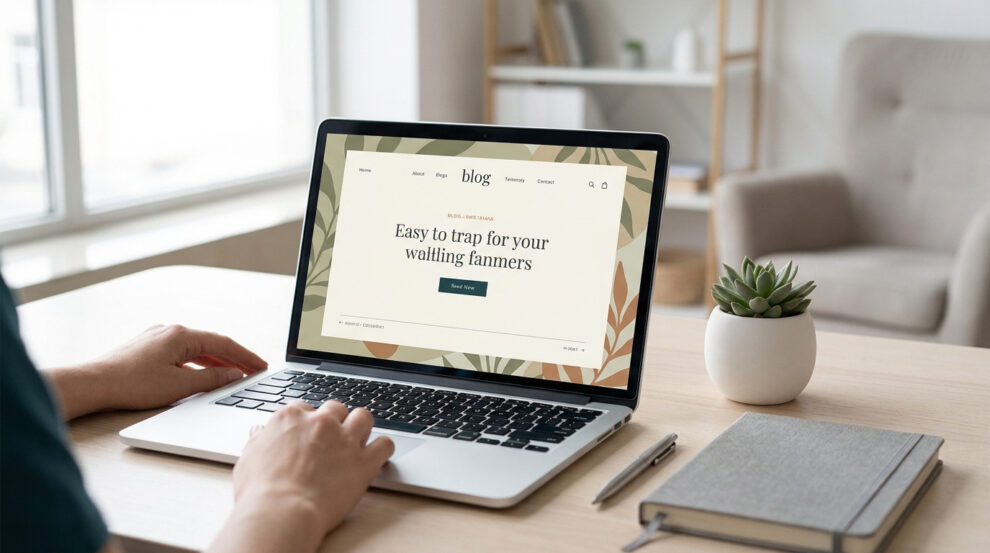 Une personne utilisant un ordinateur portable affichant une page web de blog avec un design floral minimaliste.