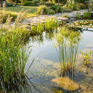 Un bassin de jardin ensoleillé avec des roseaux, des nénuphars et une passerelle en bois en arrière-plan.