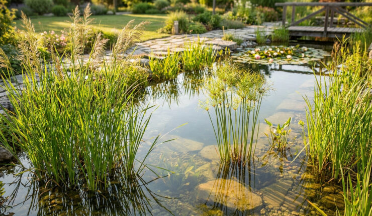 Un bassin de jardin ensoleillé avec des roseaux, des nénuphars et une passerelle en bois en arrière-plan.
