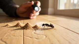 Une personne éclaire une fourmi charpentière sur un plancher de bois près de petits tas de sciure de bois.
