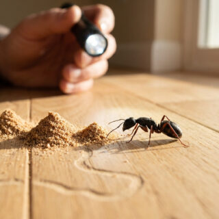 Une personne éclaire une fourmi charpentière sur un plancher de bois près de petits tas de sciure de bois.