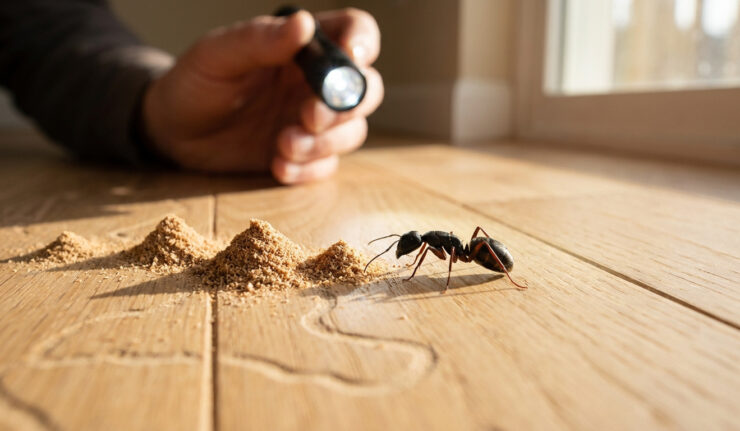 Une personne éclaire une fourmi charpentière sur un plancher de bois près de petits tas de sciure de bois.