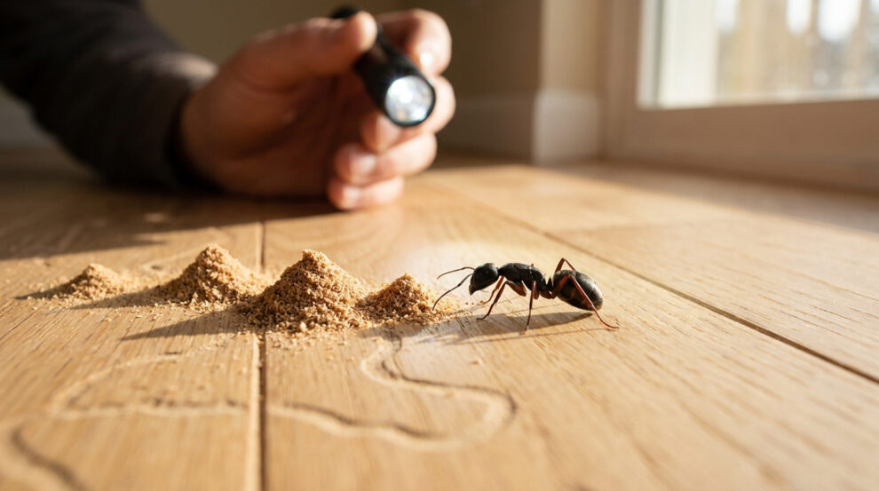 Une personne éclaire une fourmi charpentière sur un plancher de bois près de petits tas de sciure de bois.