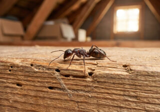 Une fourmi charpentière sur une poutre en bois endommagée dans un grenier.
