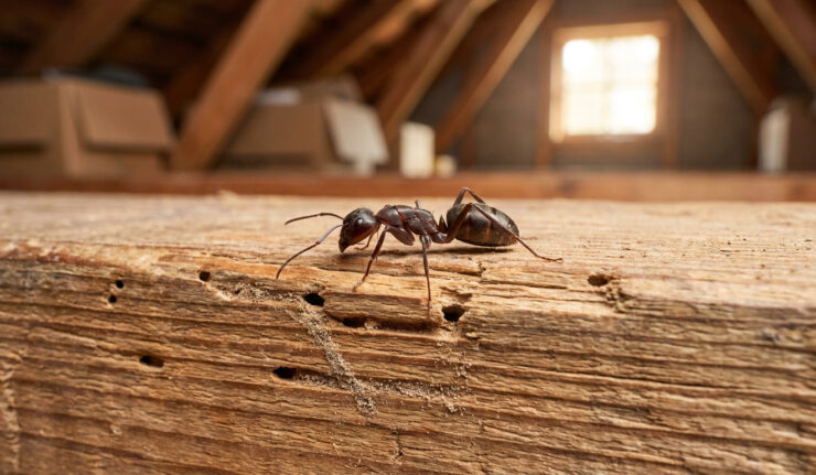 Une fourmi charpentière sur une poutre en bois endommagée dans un grenier.