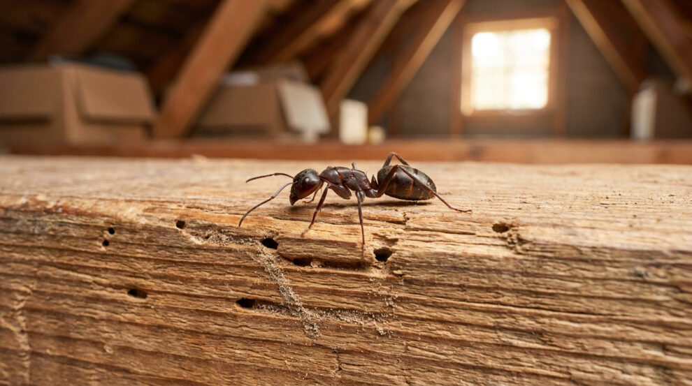 Une fourmi charpentière sur une poutre en bois endommagée dans un grenier.