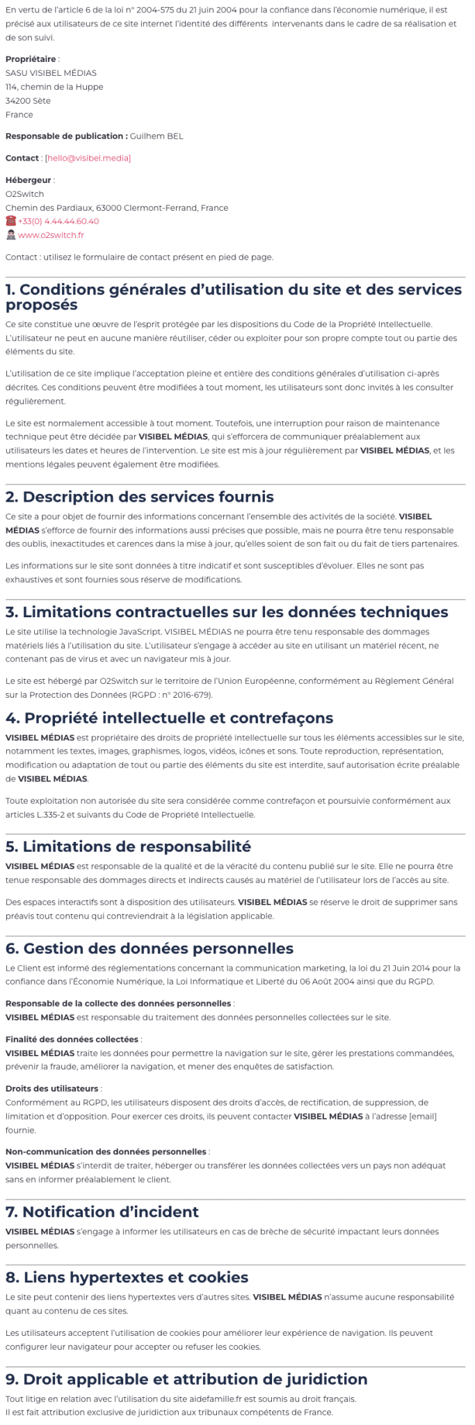 Page de mentions légales et conditions générales