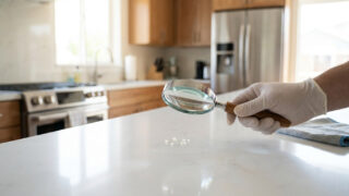 Une main gantée utilisant une loupe pour inspecter de minuscules œufs de mouches sur un plan de travail de cuisine.