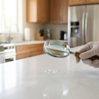 Une main gantée utilisant une loupe pour inspecter de minuscules œufs de mouches sur un plan de travail de cuisine.