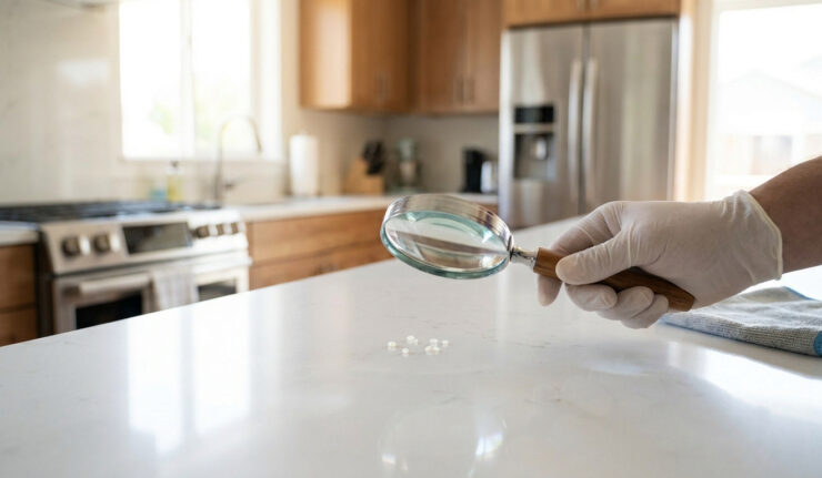 Une main gantée utilisant une loupe pour inspecter de minuscules œufs de mouches sur un plan de travail de cuisine.