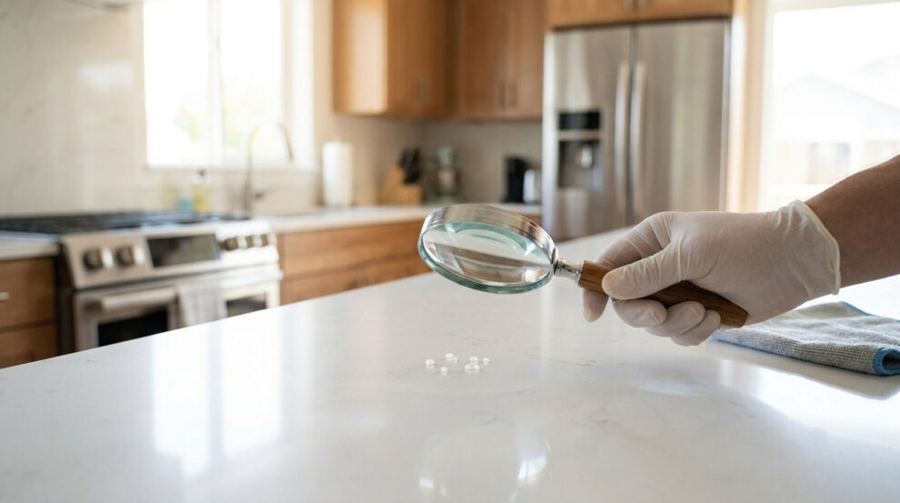 Une main gantée utilisant une loupe pour inspecter de minuscules œufs de mouches sur un plan de travail de cuisine.