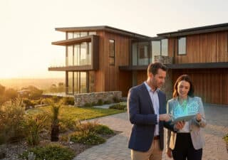 Un couple de professionnels examine des données immobilières sur une tablette devant une villa moderne.
