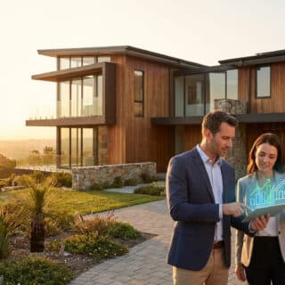 Un couple de professionnels examine des données immobilières sur une tablette devant une villa moderne.