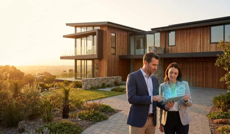 Un couple de professionnels examine des données immobilières sur une tablette devant une villa moderne.